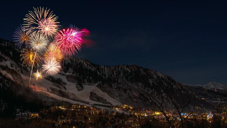 Fireworks sparkle above a ski resort